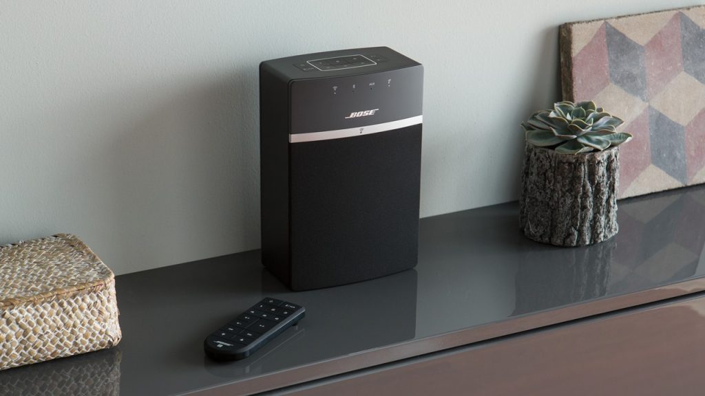 Bose SoundTouch 10 single speaker with remote on a table