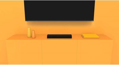 Vizio 2.0 Bluetooth Soundbar in a tv and orange wall