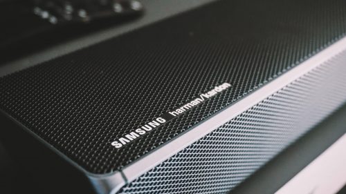 home soundbar with Samsung logo