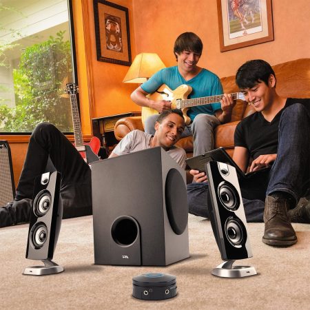 A group using Cyber Acoustics CA-3602FFP 2.1 Speaker Sound System with Subwoofer and Control Pod with laptop